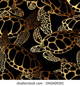 Sea turtle with ocean waves in the style of boho - seamless pattern. Environmental Protection