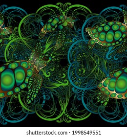Sea turtle with ocean waves in the style of boho - seamless pattern. Environmental Protection