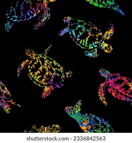 Sea turtle with ocean waves in the style of boho - seamless pattern. Environmental Protection