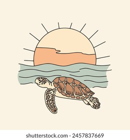 Sea turtle on a background of sea and sun, Vector hand drawn illustration