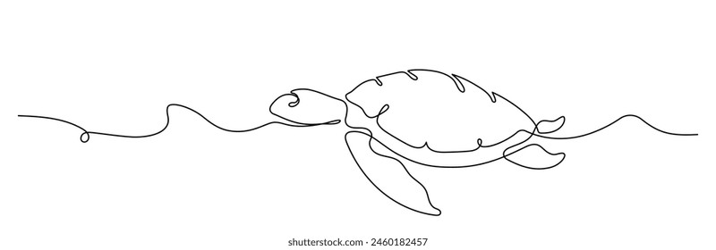 Sea turtle one line art drawing. Minimal abstract turtle swimming in the ocean. Black and white outline vector illustration.