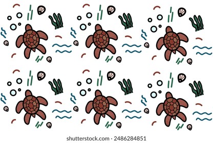 Sea turtle pattern background vector with cute sea elements