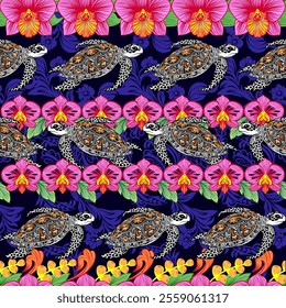 Sea turtle pattern, batik, flowers, bright, navy blue background, square, gradient color
