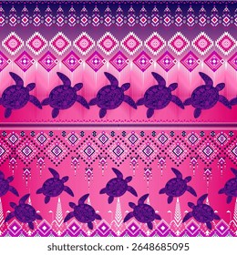 Sea turtle pattern with geometric motifs in pink and purple hues. A seamless pixel-art vector inspired by Thai folk and tribal textile traditions, ideal for spiritual designs, cultural packaging.