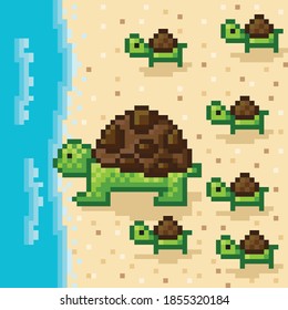 Sea turtle pixel art. Vector picture. Turtles and baby turtles into the sea.