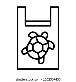 Sea Turtle placing in plastic bag. Stop using plastic bags for saving the sea turtles. Line vector. Isolate on white background.