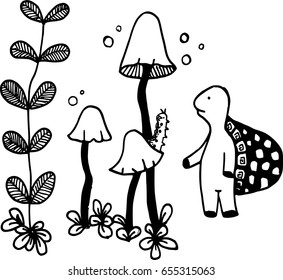 Sea turtle and plant in line art style. Hand drawn vector illustration.