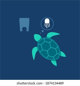 The Sea Turtle and plastic bag. Isolated Vector Illustration