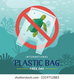 Sea Turtle In Plastic Bag In Ocean With Stop Sign, International Plastic Bag Free Day, Stop Single Use Plastic To Save The Ocean, Vector, Illustration