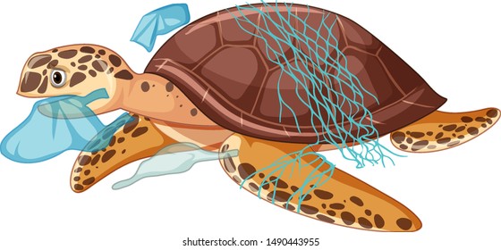 Sea turtle and plastic bags on white background illustration