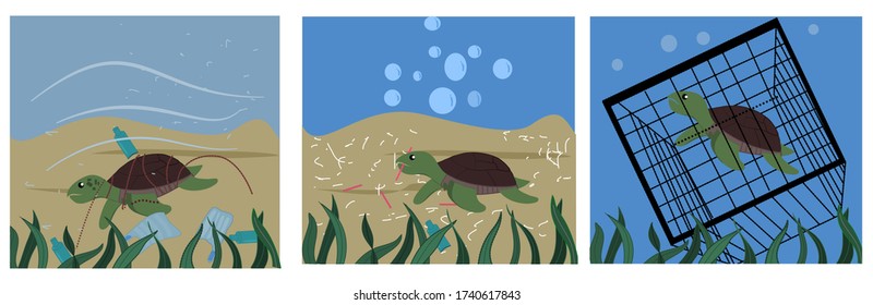 sea turtle in pollution sea in the pollution sea illustration vector