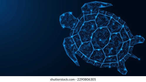Sea turtle. Polygonal design of interconnected lines and points. Blue background.