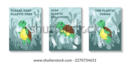 Sea turtle print, animal in trash. Stop water pollution posters. Ocean eco mascot, rubbish plastic garbage, environment, aqua and marine protection. Vector tidy creative ecology banners set