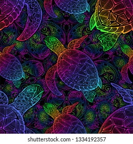 Sea turtle in psychedelic multicolor colors with lotuses and mandala in the style of boho - seamless pattern