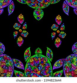 Sea turtle in psychedelic multicolor colors in folk oriental pattern - seamless pattern