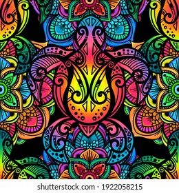 Sea turtle in psychedelic multicolor colors with lotuses and mandala in the style of boho - seamless pattern