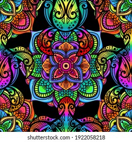 Sea turtle in psychedelic multicolor colors with lotuses and mandala in the style of boho - seamless pattern