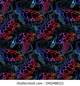 Sea turtle in psychedelic multicolor colors with with ocean waves in the style of boho - seamless pattern. Environmental Protection