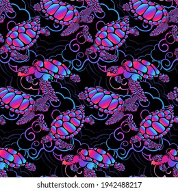 Sea turtle in psychedelic multicolor colors with with ocean waves in the style of boho - seamless pattern. Environmental Protection