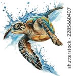 Sea turtle. Realistic, artistic, colored drawing of a sea turtle on a white background in a watercolor style. Cartoon animal vector illustration art on white background.