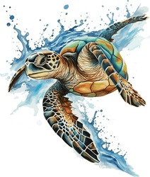 Sea Turtle. Realistic, Artistic, Colored Drawing Of A Sea Turtle On A White Background In A Watercolor Style. Cartoon Animal Vector Illustration Art On White Background.