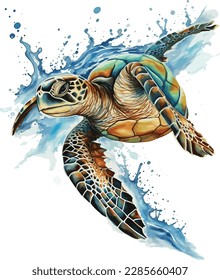 Tortuga marina. Dibujo realista, artístico y colorido de una tortuga marina sobre un fondo blanco en un estilo acuarela. Dibujo de dibujos animados con vector animal sobre fondo blanco.