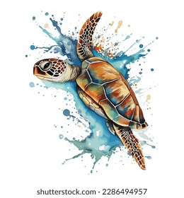 Sea turtle. Realistic, artistic, colored drawing of a sea turtle on a white background in a watercolor style. Sea Turtle Turquoise Ocean life Vector Art