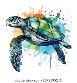 Sea turtle. Realistic, artistic, colored drawing of a sea turtle on a white background in a watercolor style. Sea Turtle Turquoise Oceanlife Vector Art