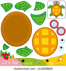 Sea turtle with red glasses. Education paper game for preshool children. Vector illustration.