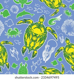 Sea Turtle Reef Marine Life Abstract Symbol Tattoo Sticker Style Vector Repeat Seamless Pattern