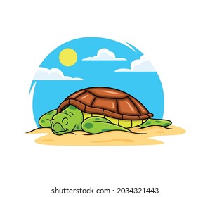 sea turtle relax on beach cartoon