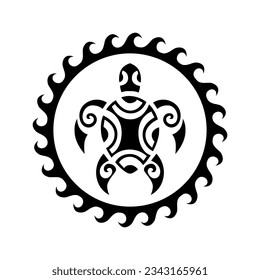 Sea turtle round circle ornament Maori style. Tattoo sketch. Black and white. svg