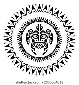 Sea turtle round circle ornament Maori style. Tattoo sketch. Black and white svg