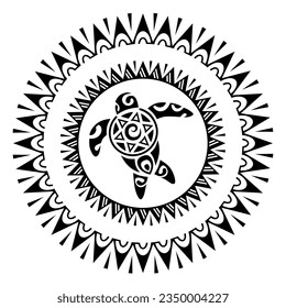 Sea turtle round circle ornament Maori style. Tattoo sketch. Black and white