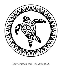 Sea turtle round circle ornament Maori style. Tattoo sketch. Black and white