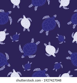 Sea turtle seamless pattern. Big blue turtles in the ocean. Modern design for printing, fabric, website, packaging. Vector flat illustration of the underwater world.
