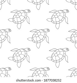 Sea turtle seamless pattern. Ocean floor marine life hand drawn doodle outline. Background for paper for scrapbooking wrapping. Stock vector illustration.