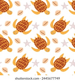 Sea turtle seamless pattern. Trendy turtle pattern with sea shells for wrapping paper, wallpaper, stickers, notebook cover.