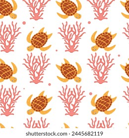 Sea turtle seamless pattern. Trendy pattern of cartoon turtle with sea corals for wrapping paper, wallpaper, stickers, notebook cover.