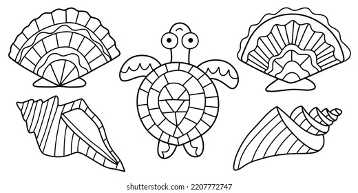 Sea turtle and seashells linear hand-drawn vector illustration. Funny colouring book page with sea theme for adults. Five hand-drawn sea animals black outline white isolated