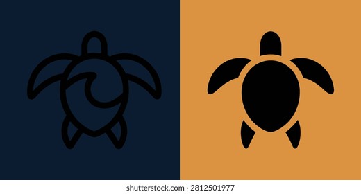 Sea turtle set featuring stylized shell patterns in outline and solid styles on two colored backgrounds