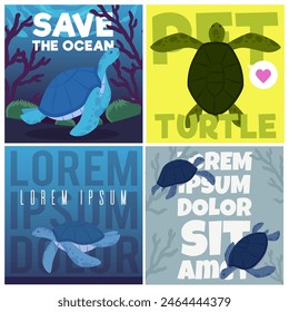 Sea turtle. Set of vector posters depicting different scenes with sea turtles and text space. Flat illustrations for advertising flyers on marine and animal themes.