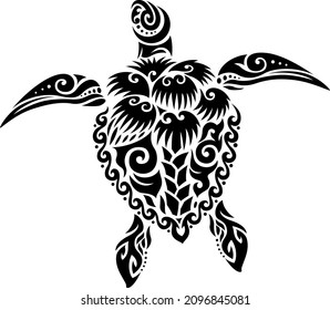 Sea Turtle With The Shape Of Palmetto Tree And Crescent Moon. Tribal Tattoo Style Design