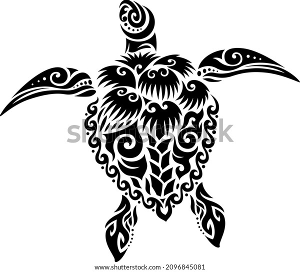 Sea Turtle with the shape of palmetto\
tree and crescent moon. Tribal tattoo style\
design