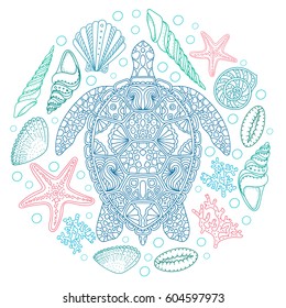 Sea turtle and shells, sea star, coral in line art style. Hand drawn vector illustration. Design for coloring book. Set of ocean elements.