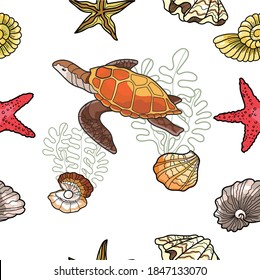 Sea turtle, shells, starfish, spiral, seaweed vector seamless pattern. Hand drawn rainbow color on a white background. Colorful pattern for textile, background, ornaments