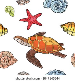 Sea turtle, shells, starfish, spiral vector seamless pattern. Hand drawn rainbow color on a white background. Colorful pattern for textile, background, ornaments