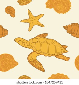 Sea turtle, shells, starfish, spiral vector seamless pattern. Hand drawn brown and yellow line on a white background. Colorful pattern for textile, background, ornaments