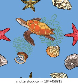 Sea turtle, shells, starfish, spiral vector seamless pattern. Hand drawn rainbow color on a blue background. Colorful pattern for textile, background, ornaments