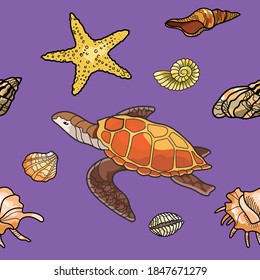 Sea turtle, shells, starfish, spiral vector seamless pattern. Hand drawn rainbow color on a purple background. Colorful pattern for textile, background, ornaments